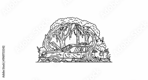 Overgrown trees engulf a dilapidated car abandoned in a forest