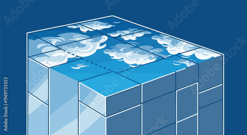 Pixelated cube reflecting clouds and sky on a solid blue background