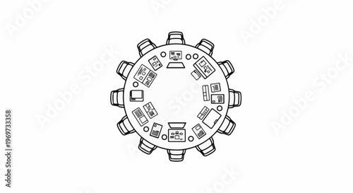 Overhead view of round table with chairs and documents
