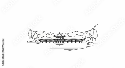 Pagoda on a bridge over water, surrounded by trees and hills