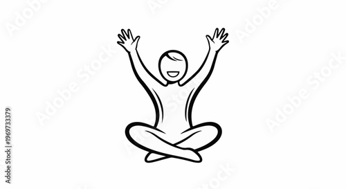 Simplified figure in meditative pose, arms raised, in black and white