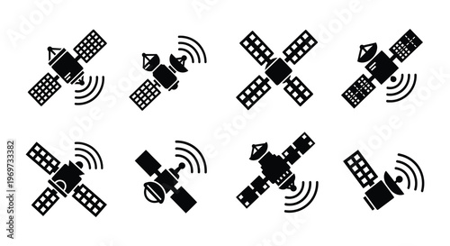 Collection of satellite icons in varying perspectives and orientations