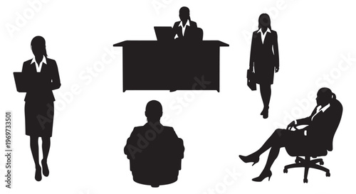 Business office silhouettes set with manager at desk, standing and sitting professionals, black vector