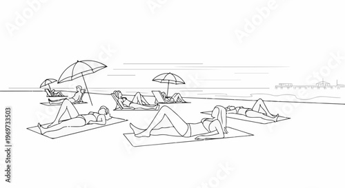 People relaxing on beach mats under umbrellas near the ocean with a pier in distance