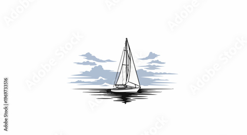 Single sailboat on water with cloudy sky reflection