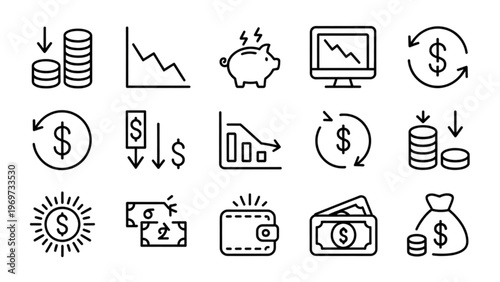 Collection of icons representing financial and economic activities Vector