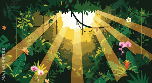 Tropical Rainforest Jungle Background with Sunbeams and Exotic Flowers Illustration