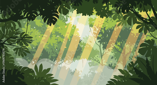 Sunlight Beams Through Tropical Rainforest Canopy Illustration