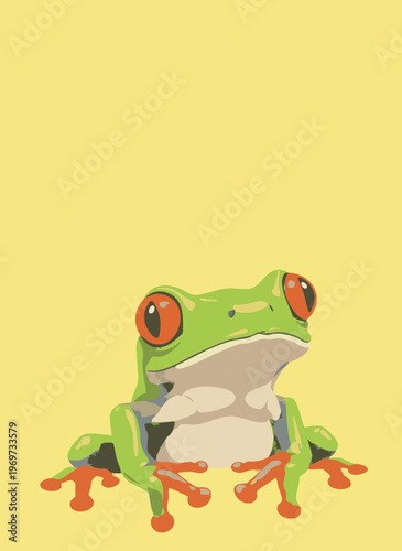 Bright green tree frog with large red eyes, amphibian sitting on yellow background, detailed insectivore creature illustration.