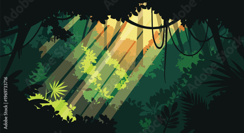Tropical Rainforest Landscape with Sunbeams Breaking Through Dense Jungle Foliage