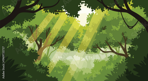 Sunlight Beams Through Lush Green Forest Canopy Vector Illustration
