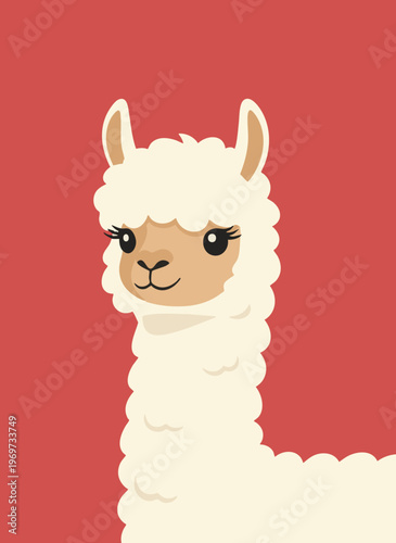 Charming llama portrait in flat vector art style, white fluffy wool, red background, cute and friendly farm animal.
