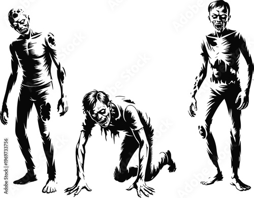 Crawling and standing zombie silhouettes collection with decayed skeletal details, horror vector illustration set for Halloween, spooky undead, scary monster, and dark eerie design themes