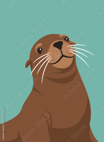 Close-up portrait of a brown seal animal looking up, simple vector art, marine life, detailed whiskers, teal background.
