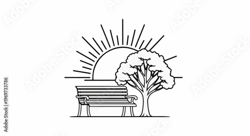 Minimalist scene of a park bench with a tree and rising sun