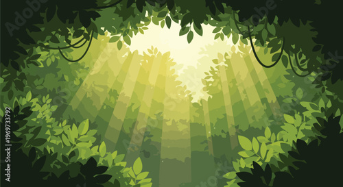 Sunlight rays streaming through lush jungle canopy foliage