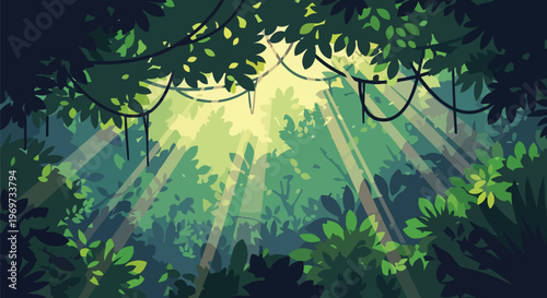 Tropical Jungle Rainforest Landscape with Sunlight Beams and Lush Foliage Vector Illustration