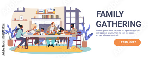 Family dinner gathering people eating together home kitchen table food diverse group cozy interior plants books window