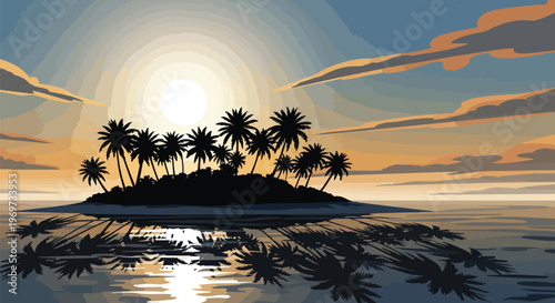 Tropical Island Silhouette at Sunset with Palm Trees and Ocean Reflection