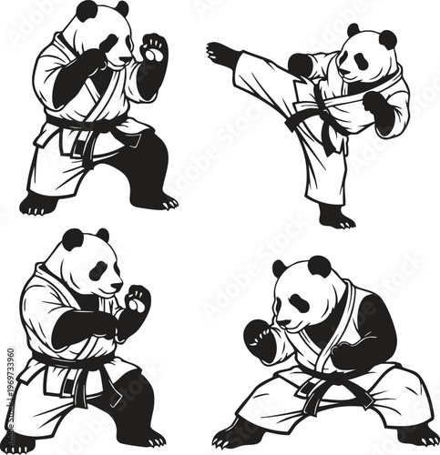 A collection of four illustrated pandas wearing martial arts uniforms in dynamic fighting poses.