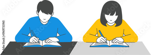 Two students studying diligently at their desks, focused on their books and writing notes