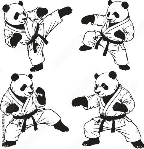 A collection of four illustrated pandas wearing martial arts uniforms and performing karate moves.