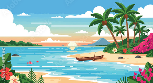 Tropical Beach Paradise with Palm Trees and Wooden Boat at Sunset