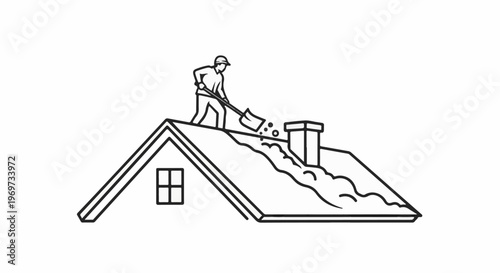 Person clearing snow from a snow-covered roof with a shovel