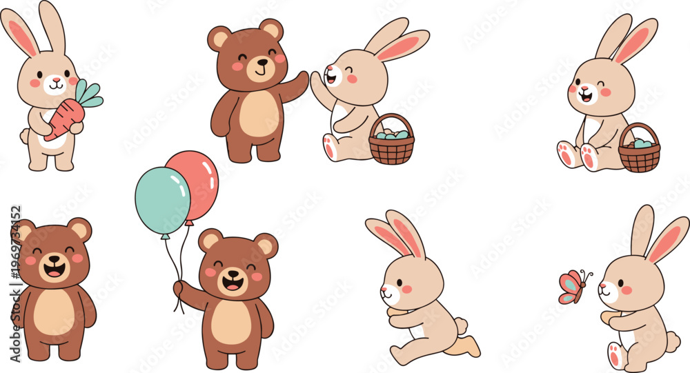 Obraz premium Cute Bear and Bunny Character Set with Balloons, Baskets, Carrots, and Playful Poses for Kids' Illustrations and Easter Designs