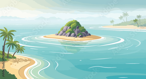 Tropical Island Paradise with Rocky Hill and Palm Trees in Turquoise Ocean