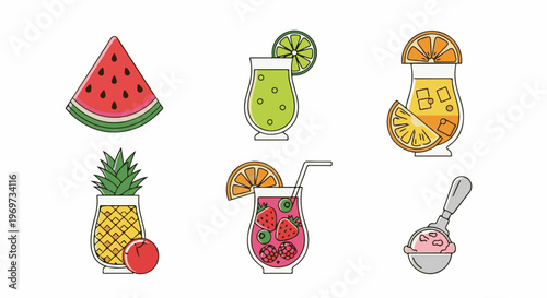 Six refreshing summer treats fruit slices, colorful drinks, and ice cream