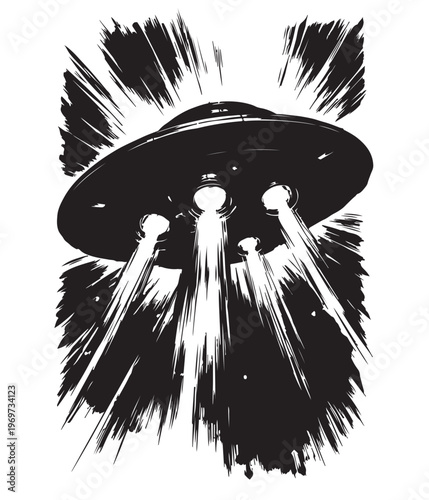 UFO Silhouette Vector, Flying Saucer with Abduction Beam, Black and White Sci Fi Illustration