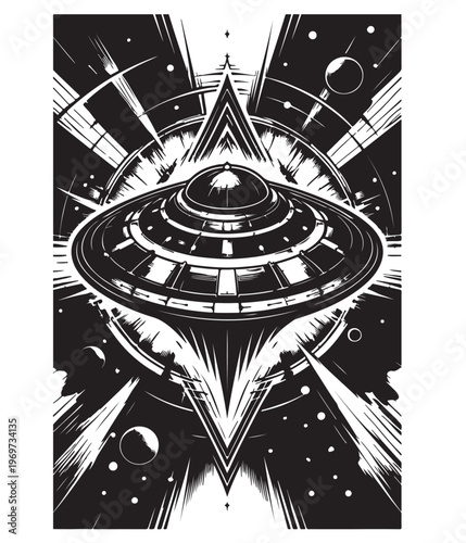 UFO Silhouette Vector, Flying Saucer with Abduction Beam, Black and White Sci Fi Illustration