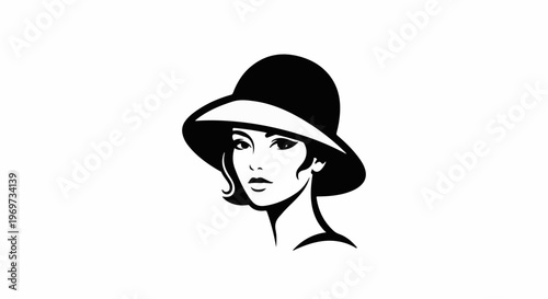 Elegant woman in a wide-brimmed hat, black and white illustration