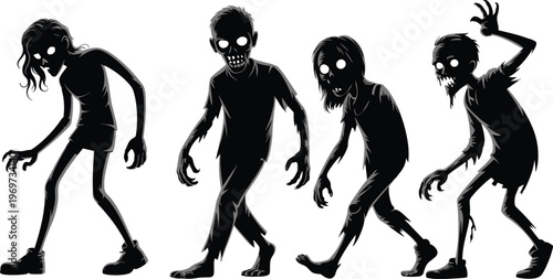 Black silhouette zombie figures with glowing eyes, tattered clothing, and eerie posture, spooky Halloween horror design perfect for haunted themes, creepy art, and dark projects