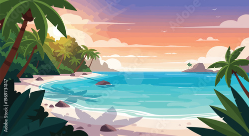 Tropical Beach Paradise with Palm Trees and Ocean Sunset Vector Illustration