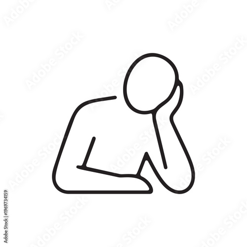 Man feeling bored and tired resting chin on hand minimalist line icon