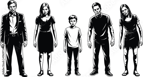 Black and white silhouette illustration showing transformation of human figures from formal adults to casual child and disheveled characters, symbolic design for evolution and change