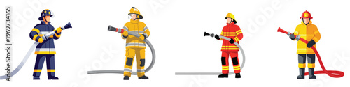 A set of firefighter holding a fire hose, minimalist flat design, no borders, bold and clean, white background.