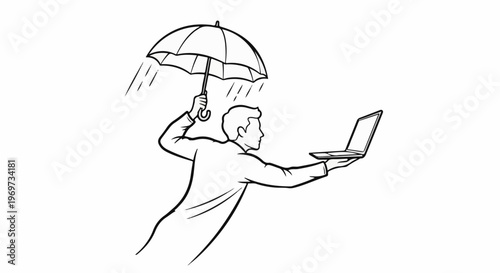 Person holding umbrella over laptop in the rain
