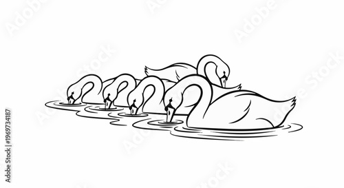 Six swans with long necks drink water in a gentle wavy line