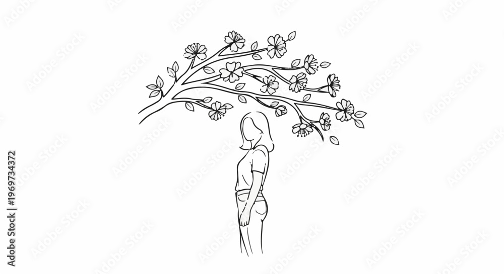 Fototapeta premium Sketch of a woman under a blooming tree branch