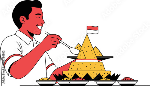 Vibrant illustration of a happy man enjoying a festive, traditional cone-shaped rice dish, symbolizing cultural celebration and a delightful culinary experience