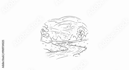Sketch of a winding river flowing through rolling hills with trees and fallen leaves