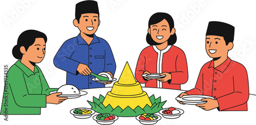 A happy family enjoys a traditional Indonesian rice cone dish, celebrating together at a mealtime