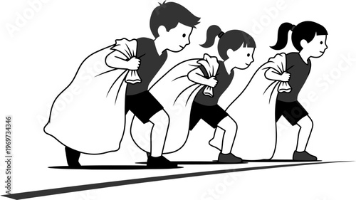 Three children pulling large sacks, conveying teamwork and carrying a heavy load together