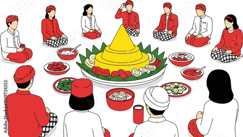Illustration of a Javanese traditional wedding ceremony with guests seated around a conical rice dish