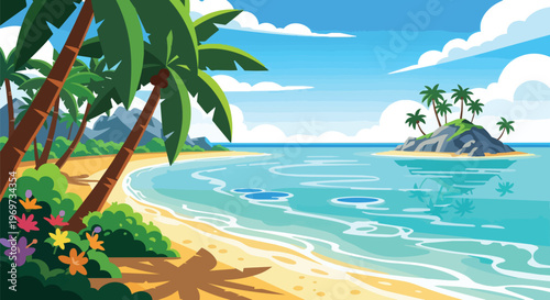Tropical Beach Paradise with Palm Trees and Distant Island Vector Illustration