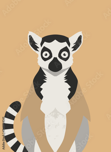 Ring-tailed lemur portrait, black and white facial markings, seated pose, tan background.