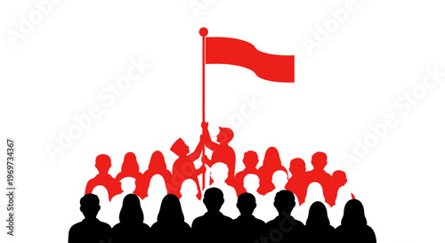 A crowd of silhouetted people holding up a red flag, symbolizing unity and collective action in a graphic illustration